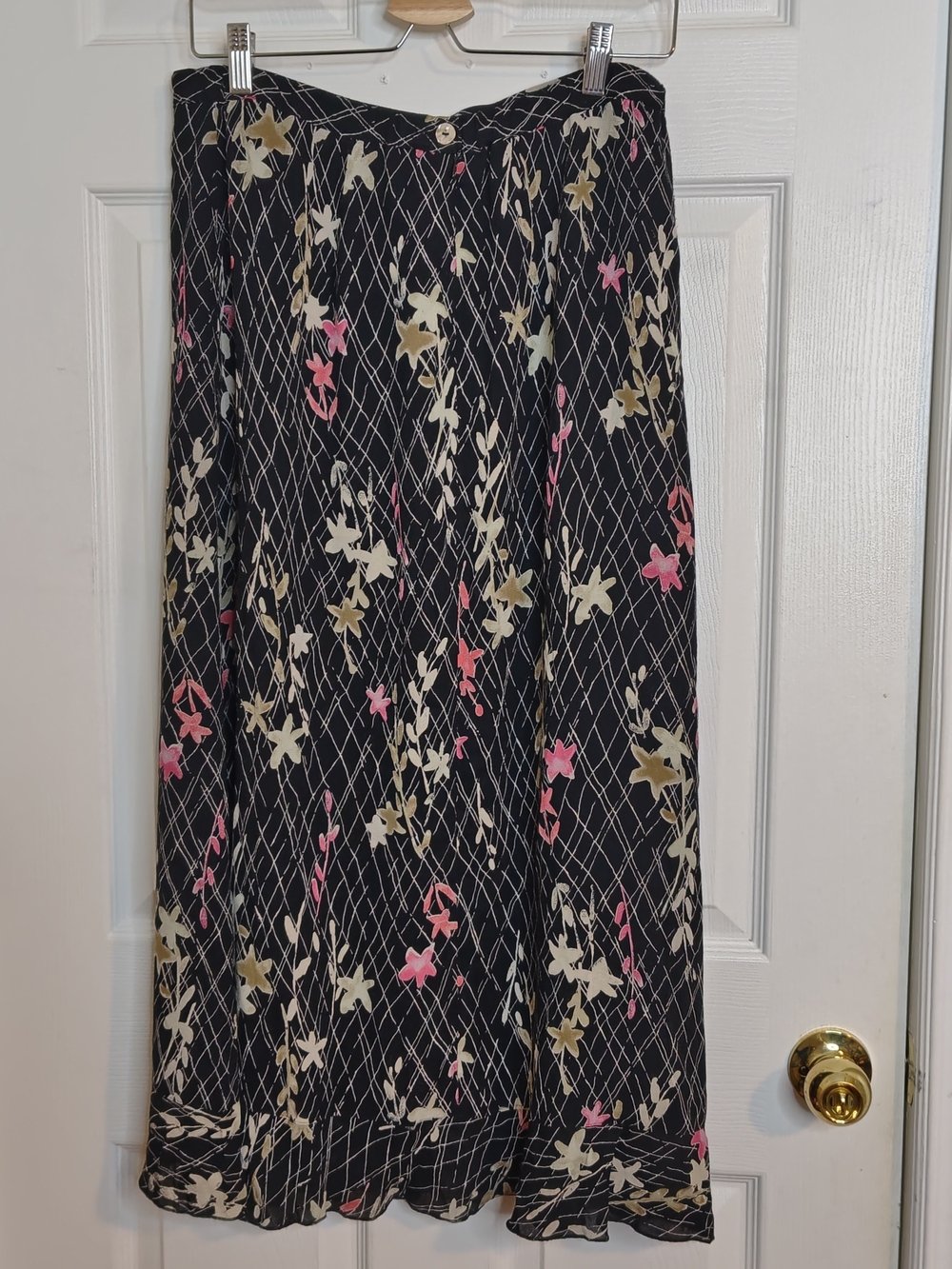 Sigrid Olsen Sport Vintage Floral Grid Maxi Skirt Black Ruffle Hem Rayon 12P/L